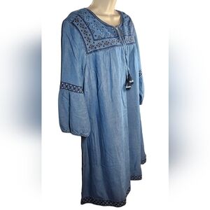 J Jill Denim Tencel Dress Blue Embroidered Short 3/4 Sleeve Flowy Tassels 1X